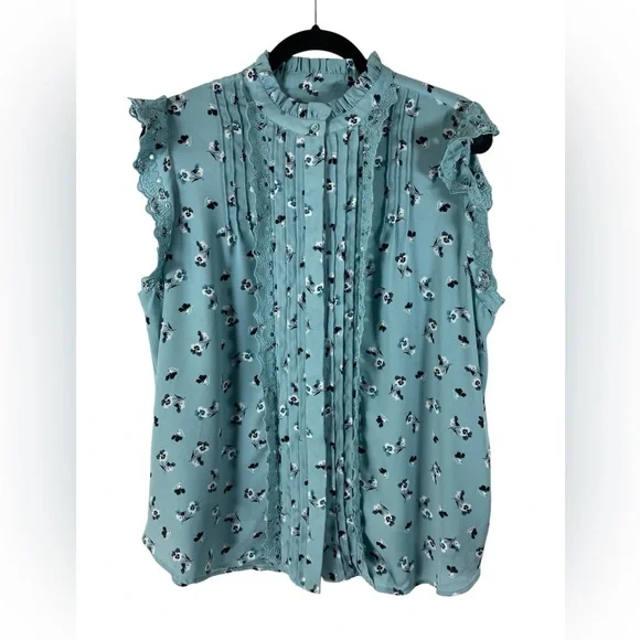 Ann Taylor Women’s XL Sleeveless Ruffle Lace Trim Feminine Blue Floral Blouse - Picture 2 of 7